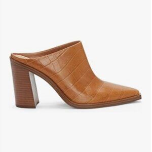 FOWT Brown Crocodile Embossed Mules Chunky Stacked Heel Slipper Pointed Toe Shoe